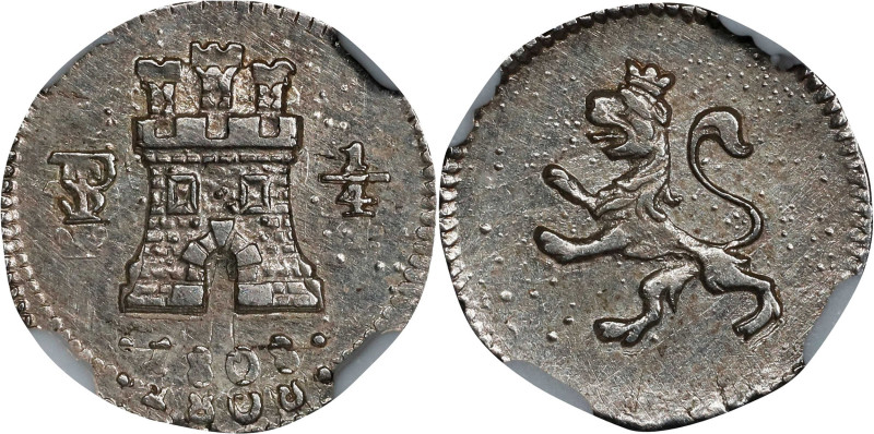 BOLIVIA. Mint Error -- Double Struck -- 1/4 Real, 1808-PTS. Potosi Mint. Charles...