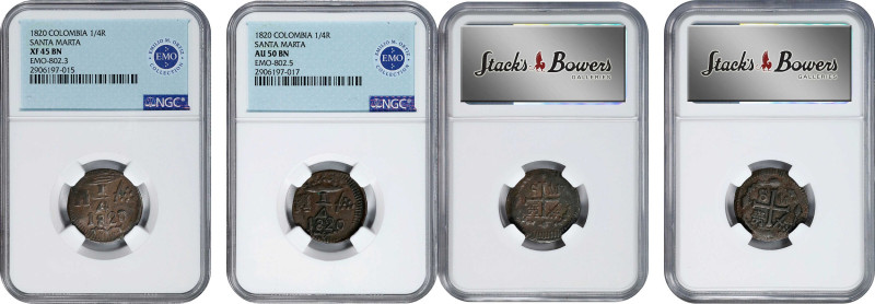 COLOMBIA. Santa Marta. Duo of Copper 1/4 Reales (2 Pieces), 1820. Santa Marta Mi...