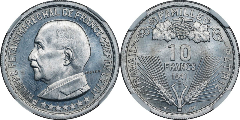 FRANCE. Aluminum 10 Francs Essai (Pattern), 1941. Paris Mint. NGC MS-66.
Maz-26...