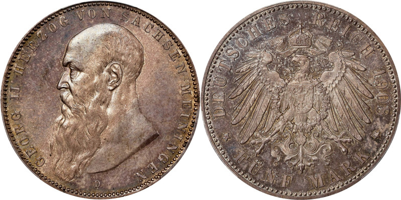 GERMANY. Saxe-Meiningen. 5 Mark, 1908-D. Munich Mint. Georg II. PCGS MS-65.
KM-...