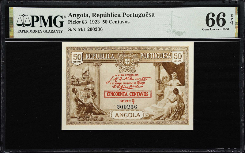 ANGOLA. Republica Portuguesa. 50 Centavos, 1923. P-63. PMG Gem Uncirculated 66 E...