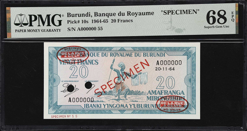 BURUNDI. Banque du Royaume du Burundi. 20 Francs, 1964. P-10s. Specimen. PMG Sup...