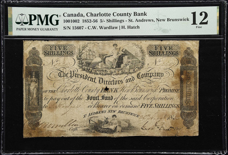 CANADA. Charlotte County Bank. 5 Shillings, 1856. CH# 100-10-02. PMG Fine 12.
V...