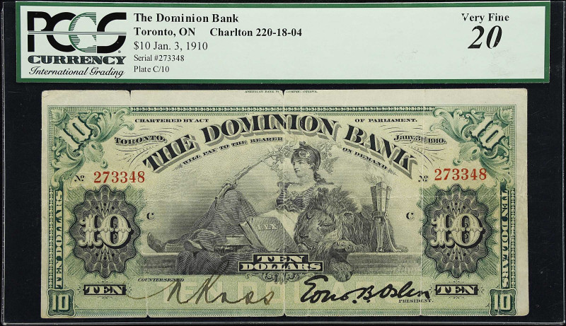 CANADA. Dominion Bank. 10 Dollars, 1910. CH# 220-18-04. Overcut Error. PCGS Curr...