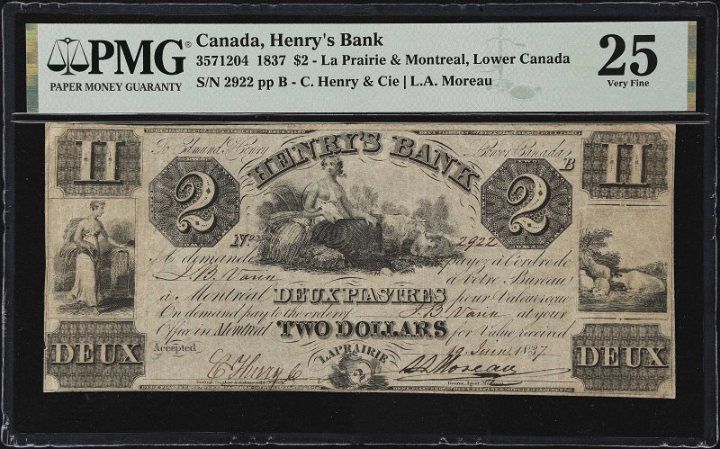 CANADA. Henry's Bank. 2 Dollars, 1837. CH# 357-12-04. PMG Very Fine 25.
Montrea...