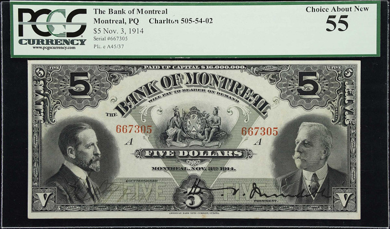 CANADA. Bank of Montreal. 5 Dollars, 1914. CH# 505-54-02. PCGS Currency Choice A...