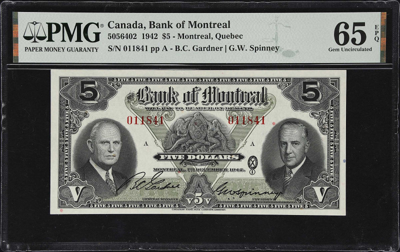 CANADA. Bank of Montreal. 5 Dollars, 1942. CH #505-64-02. PMG Gem Uncirculated 6...