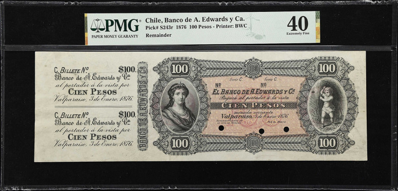 CHILE. Banco de A. Edwards y Ca.. 100 Pesos, 1876. P-S243r. Remainder. PMG Extre...