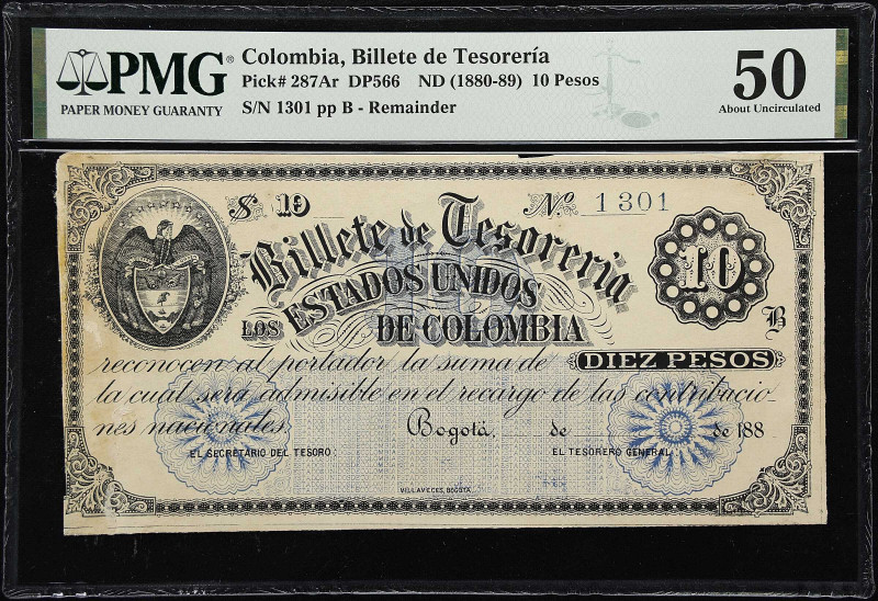 COLOMBIA. Billete de Tesoreria. 10 Pesos, ND (1880-89). P-287Ar. DP566. Remainde...