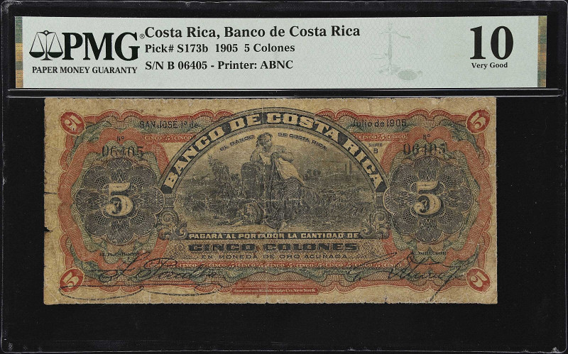 COSTA RICA. Banco de Costa Rica. 5 Colones, 1905. P-S173b. PMG Very Good 10.
A ...