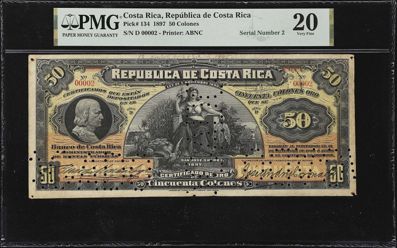 COSTA RICA. Republica de Costa Rica. 50 Colones, 1897. P-134. Serial Number 2. P...