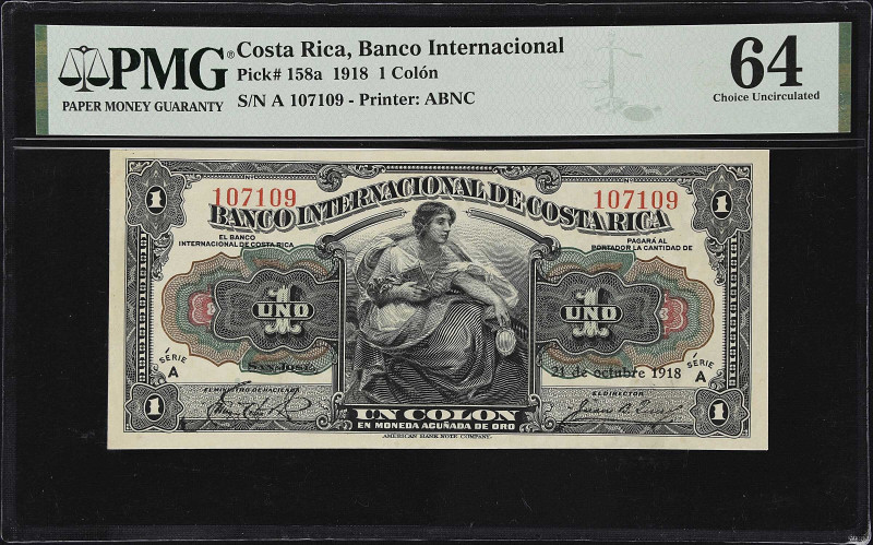 COSTA RICA. Banco Internacional de Costa Rica. 1 Colon, 1918. P-158a. PMG Choice...