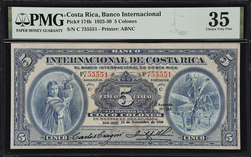 COSTA RICA. Banco Internacional de Costa Rica. 5 Colones, 1930. P-174b. PMG Choi...