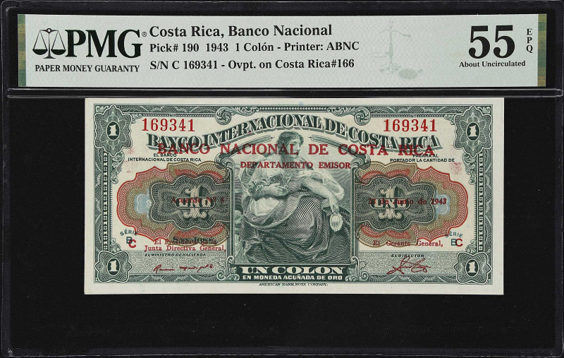 COSTA RICA. Banco Nacional de Costa Rica. 1 Colon, 1943. P-190. PMG About Uncirc...