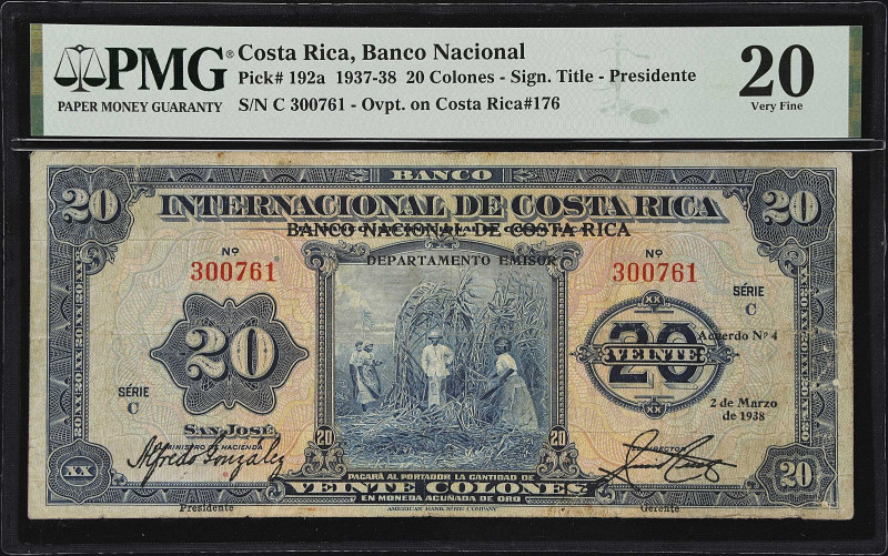 COSTA RICA. Banco Nacional de Costa Rica. 20 Colones, 1938. P-192a. PMG Very Fin...