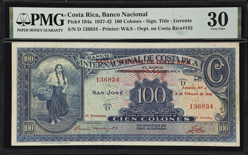 COSTA RICA. Banco Nacional de Costa Rica. 100 Colones, 1942. P-194a. PMG Very Fi...