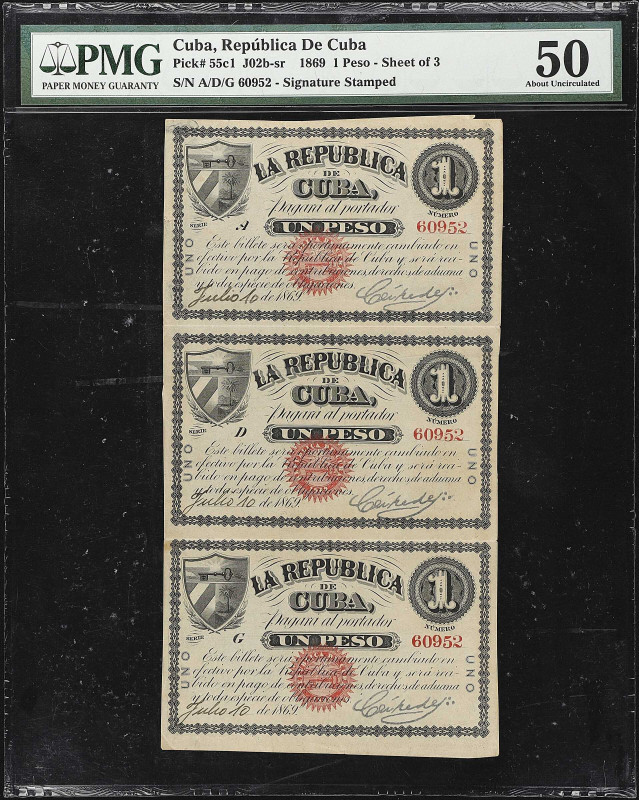 CUBA. República de Cuba. 1 Peso, 1869. P-55c1. J02b-sr. Uncut Sheet of 3. PMG Ab...