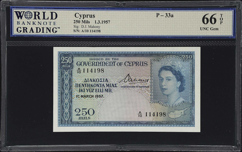 CYPRUS. Government of Cyprus. 250 Mils, 1957. P-33a. WBG Gem Uncirculated 66 TOP...