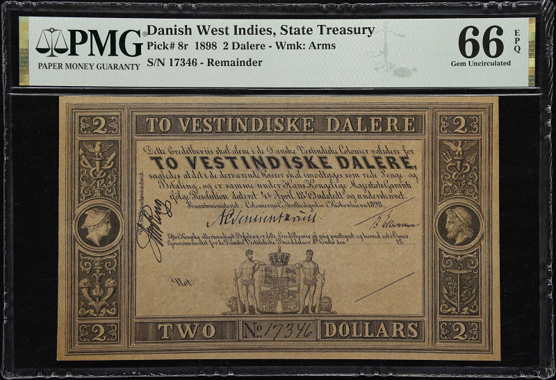 DANISH WEST INDIES. State Treasury. 2 Dalere, 1898. P-8r. Remainder. PMG Gem Unc...