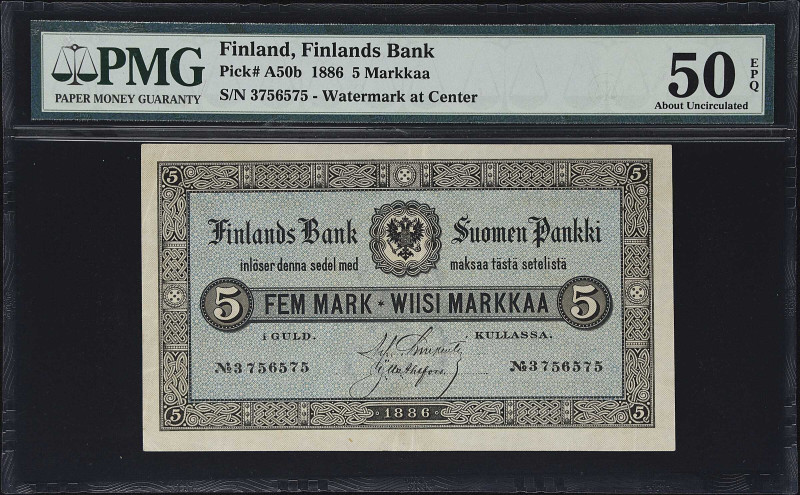 FINLAND. Finlands Bank. 5 Markkaa, 1886. P-A50b. PMG About Uncirculated 50 EPQ....