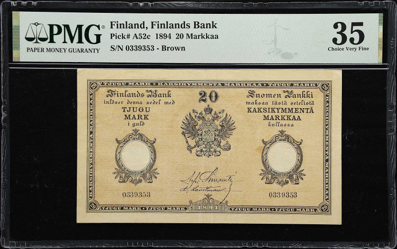 FINLAND. Suomen Pankki. 20 Markkaa, 1891. P-A52c. PMG Choice Very Fine 35.
A hi...