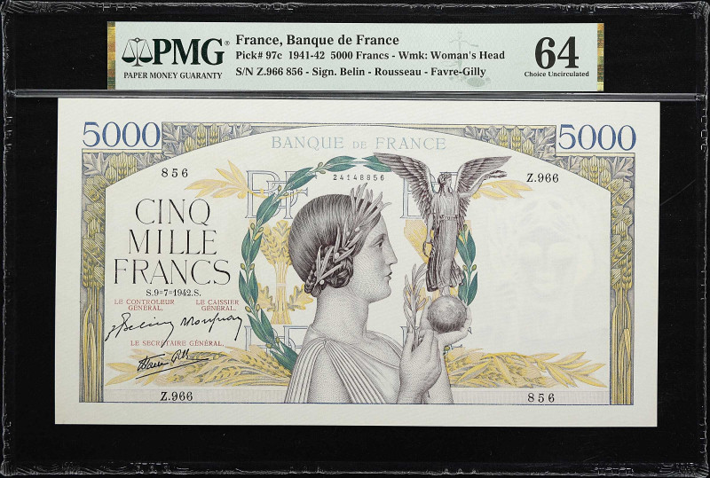 FRANCE. Banque de France. 5000 Francs, 1942. P-97c. PMG Choice Uncirculated 64....