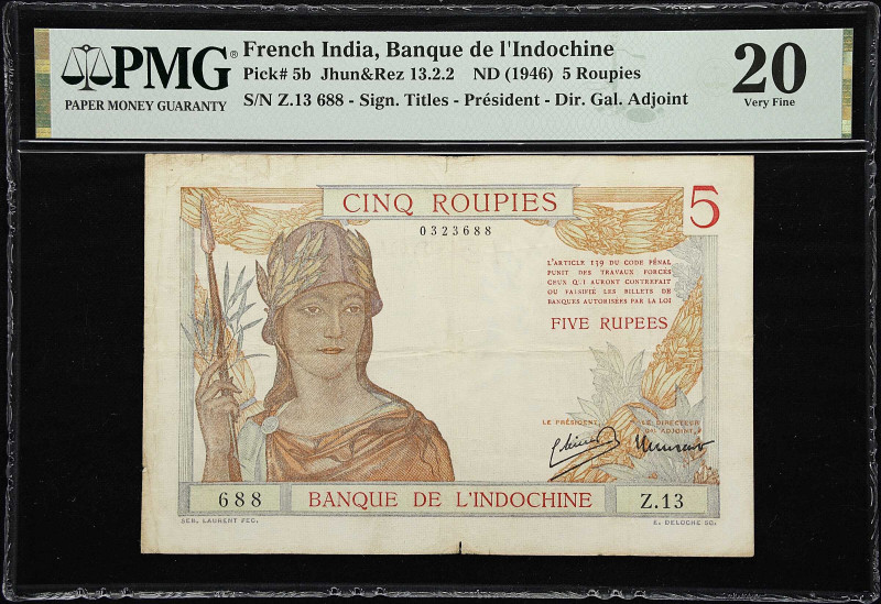 French India. Banque de l'Indochine. 5 Roupies, ND (1937-46). P-5b. Jhun&Rez 13....