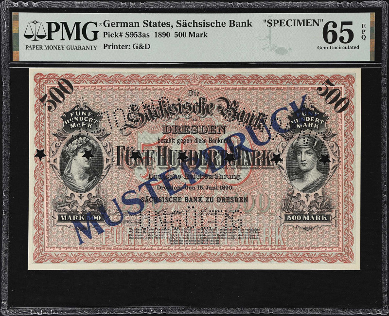 Sachsische Bank. 500 Mark, 1890. P-S953as. Specimen. PMG Gem Uncirculated 65 EPQ...