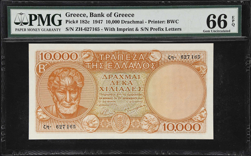 GREECE. Bank of Greece. 10,000 Drachmai, 1947 (1949 Issue). P-182c. PMG Gem Unci...