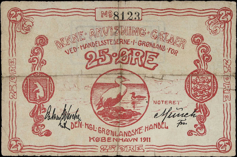 GREENLAND. Kongelige Gronlandske Handel. 25 Ore, 1911. P-7b. Very Fine.
KGH" wa...