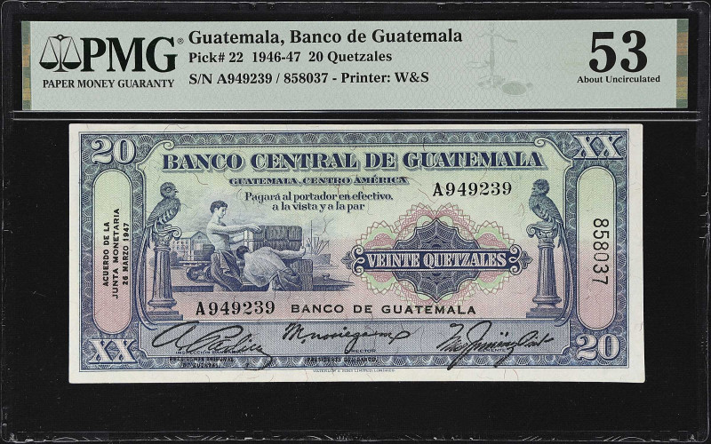 GUATEMALA. Banco de Guatemala. 20 Quetzales, 1947. P-22. PMG About Uncirculated ...