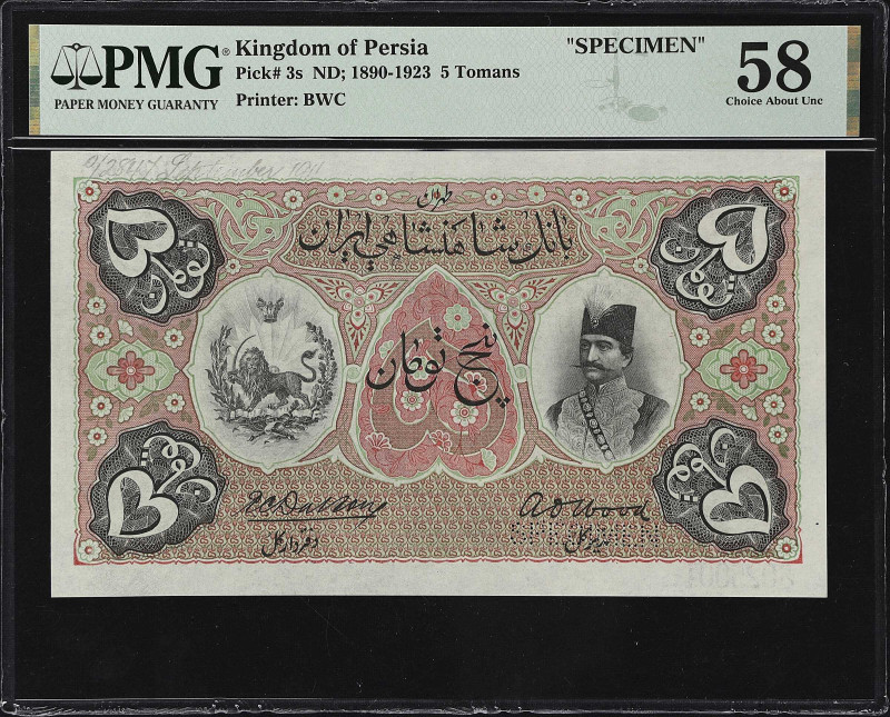 IRAN. Imperial Bank of Persia. 5 Tomans, ND (1890-1923). P-3s. Specimen. PMG Cho...