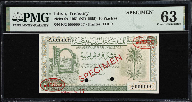 LIBYA. Treasury. 10 Piastres, 1951 (ND 1955). P-6s. Specimen. PMG Choice Uncircu...