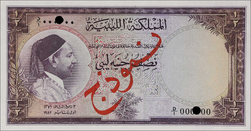 LIBYA. Kingdom of Libya. 1/2 Libyan Pound, 1952. P-15s. Specimen. Uncirculated....