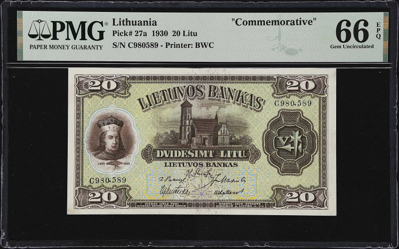 LITHUANIA. Lietuvos Bankas. 20 Litu, 1930. P-27a. Commemorative. PMG Gem Uncircu...