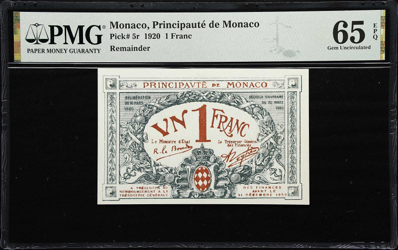 MONACO. Principaute de Monaco. 1 Franc, 1920. P-5r. Remainder. PMG Gem Uncircula...