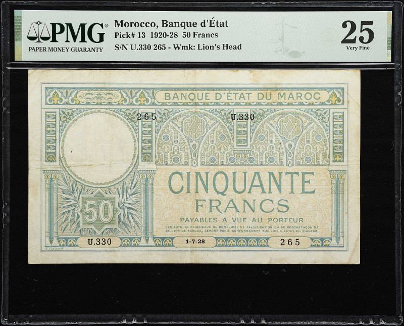 MOROCCO. Banque d'Etat du Maroc. 50 Francs, 1928. P-13. PMG Very Fine 25.
Dated...