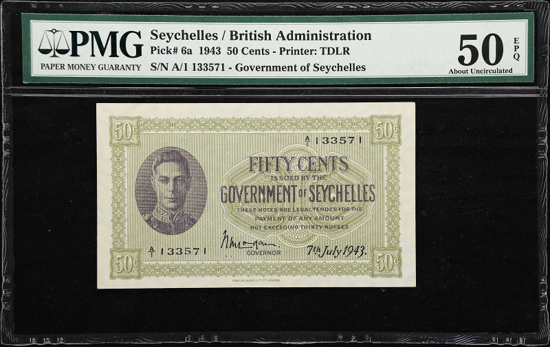 SEYCHELLES. Government of Seychelles. 50 Cents, 1943. P-6a. PMG About Uncirculat...