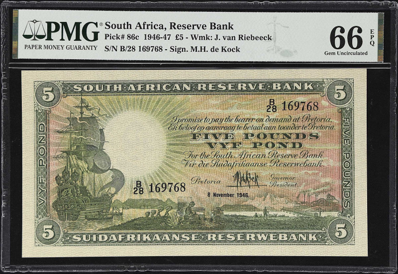 SOUTH AFRICA. South African Reserve Bank. 5 Pounds, 1946. P-86c. PMG Gem Uncircu...