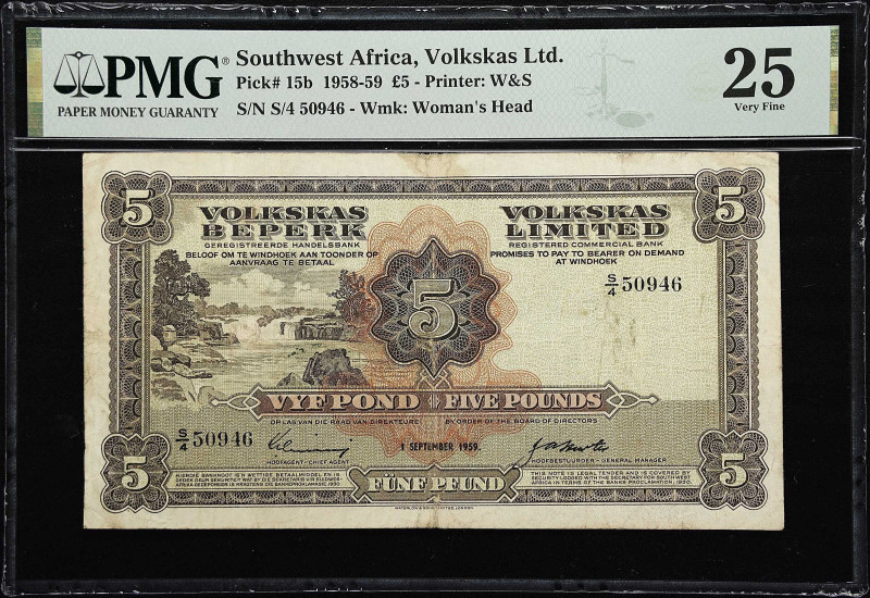 SOUTHWEST AFRICA. Volkskas Beperk. 5 Pounds, 1959. P-15b. PMG Very Fine 25.
Pri...