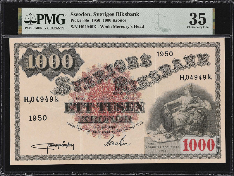 SWEDEN. Sveriges Riksbank. 1000 Kronor, 1950. P-38e. PMG Choice Very Fine 35.
S...