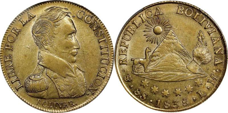 BOLIVIA. 8 Scudos, 1838-PTS LM. Potosi Mint. PCGS AU-58.
Fr-21; KM-99. An elusi...