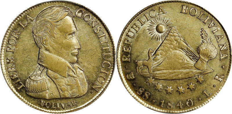 BOLIVIA. 8 Scudos, 1840-PTS LR. Potosi Mint. PCGS AU-58.
Fr-21; KM-99. Glowing ...