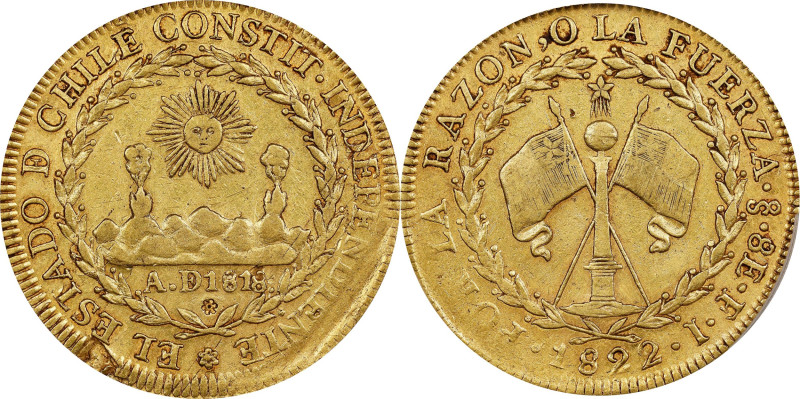 CHILE. 8 Escudos, 1822-So FI. Santiago Mint. PCGS Genuine--Damage, EF Details.
...