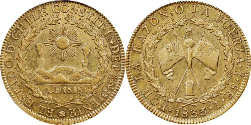 CHILE. 8 Escudos, 1833-So I. Santiago Mint. PCGS AU-58.
Fr-33; KM-84. A beautif...