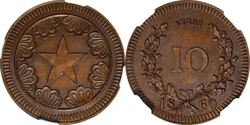 CHILE. Bronze 10 Centavos Essai (Pattern), 1860. NGC MS-65 Brown.
Fonrobert-994...