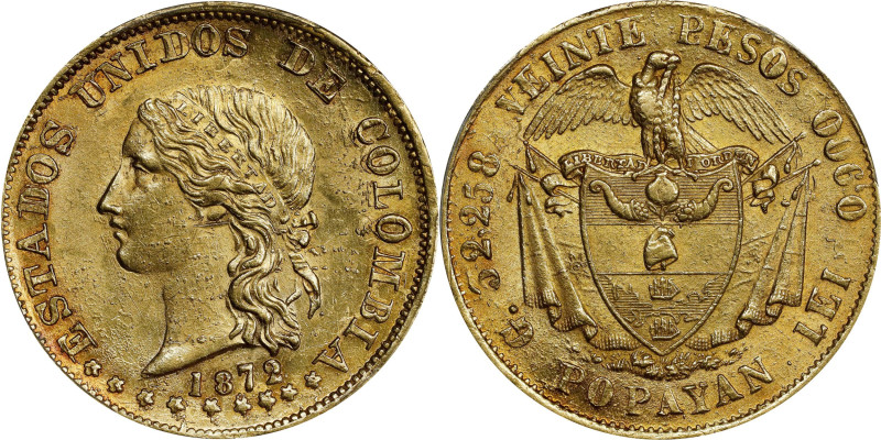 COLOMBIA. 20 Pesos, 1872-POPAYAN. Popayan Mint. PCGS MS-62.
Fr-100; KM-142.3; R...