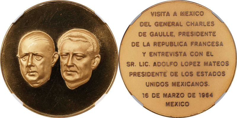 MEXICO. Visit of Charles DeGaulle Gold Medal, 1964. Mexico City Mint. NGC MS-65....