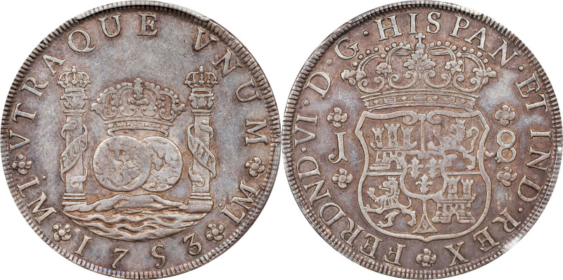 PERU. 8 Reales, 1753-LIMA J. Lima Mint. Ferdinand VI. PCGS AU-55.
KM-55.1; Cal-...