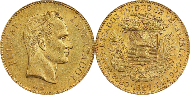 VENEZUELA. 100 Bolivares, 1887. Caracas Mint. PCGS AU-58.
Fr-2; KM-Y-34. Impres...